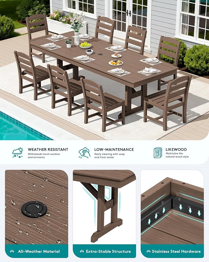 SERWALL 10 Piece Outdoor Dining Set with 15ft Triple-Head Foldable Umbrella, 84" HDPE Outdoor Table and Armless Chairs Set for 8，All Weather Patio Furniture Set with Umbrella Hole for Backyard, Brown