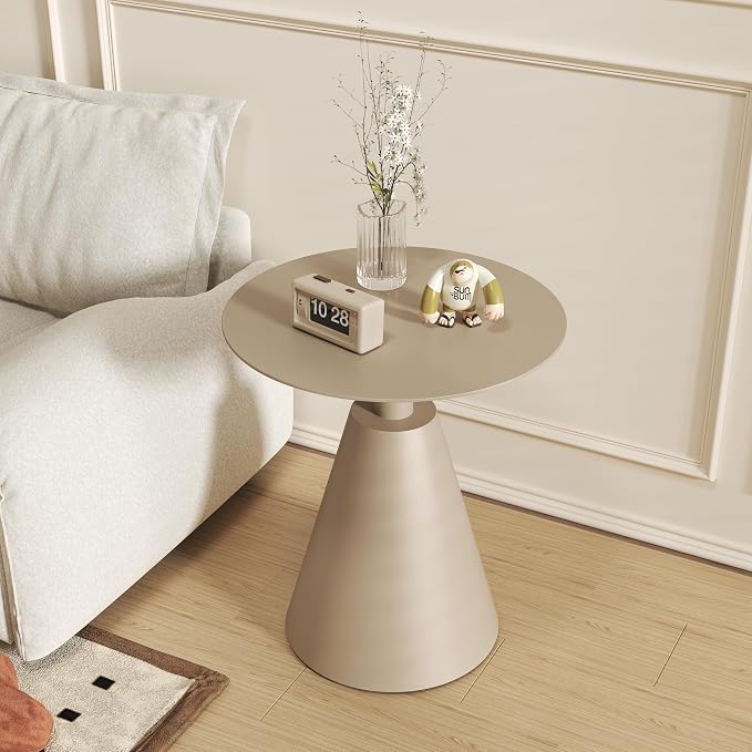 Accent Round Side Table Weather-Resistant Aluminum Structure, End Table for Living Room, Bedroom, Indoor & Outdoor Balcony Table (Color: Camel)