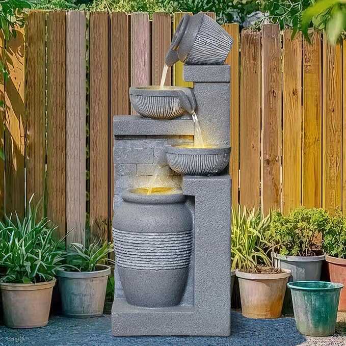 31.89" Outdoor Water Fountain with LED Lights, 4-Tier Floor-Standing Garden Waterfall Fountain, Rustic Pot Design Resin Water Feature for Patio, Backyard, Deck, Porch, Home Deco
