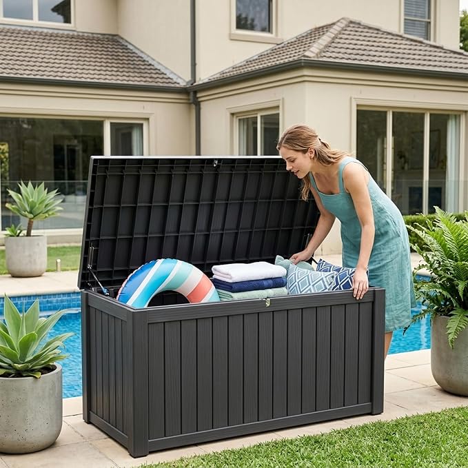 Outdoor Storage Box, 180 Gallon Waterproof Deck Box [Upgraded 3.0], Piston-Lift Tall Standing Cabinet for Oversized Cushions, Lockable Deep Tool Organizer Storage Bench, Large Lawn, Black