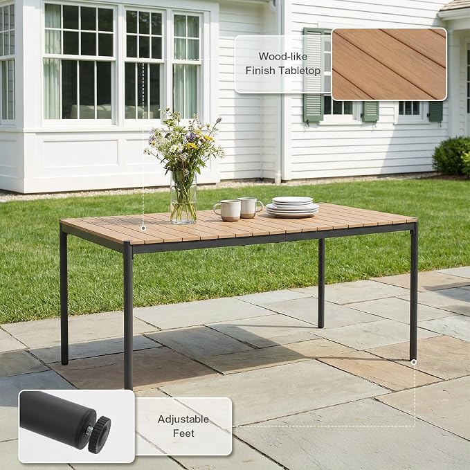 SUNSITT 9 Piece Outdoor Patio Dining Set, Patio Dining Furniture Set with 82.6” Metal Dining Table w/WPC Tabletop and 6 Woven Rope Patio Chairs w/WPC Armrests for Garden, Beige