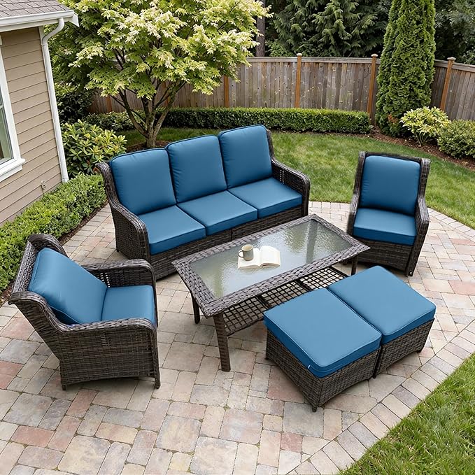 6 Piece Wicker Patio Furniture Set, High Back Chairs with Extra Thick Cushions, Outdoor Deep Seating Conversation Sets with Coffee Table & Ottomans for Deck Yard and Poolside, Peacock Blue