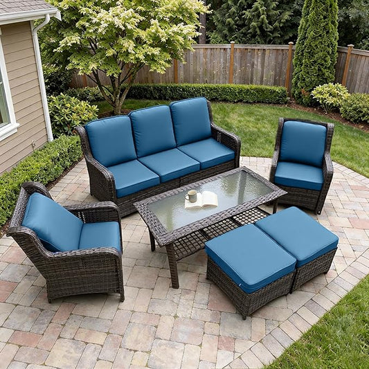 6 Piece Wicker Patio Furniture Set, High Back Chairs with Extra Thick Cushions, Outdoor Deep Seating Conversation Sets with Coffee Table & Ottomans for Deck Yard and Poolside, Peacock Blue