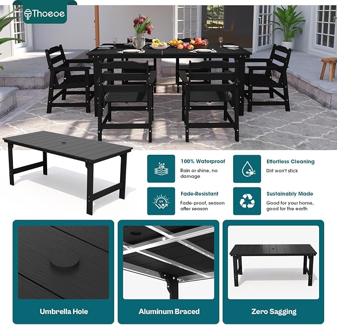 THOEOE 7 Piece Outdoor Dining Set, Patio Dining Table and 6 Chairs, All-Aluminum Frame, All-Weather HDPE Outdoor Furniture with Umbrella Hole for Garden, Lawn, Poolside, Black