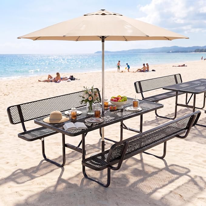 72" Rectangular Metal Picnic Table with Backrest, Commercial Steel Picnic Tables with 1.73" Umbrella Hole, Heavy Duty Picnic Tables for Outdoor Garden Courtyard BBQ, Black