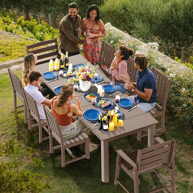 LOUNZY 9 Pieces Patio Dining Sets, Outdoor HDPE Furniture Set for 8 w/ 2" Hole Cut-Out Dining Table with 8 Patio Chairs(2 W/Armrest, 6 w/o Armrest), Brown