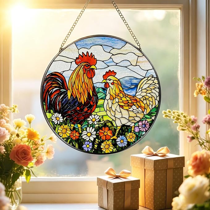 Stained Glass Window Hanging, Stained Glass Suncatcher, 8" Chickens in Flowers Garden Suncatchers for Windows Hanging, Sun Catchers Indoor Window | Gifts for Farm Lovers, Gifts for Chicken Lovers