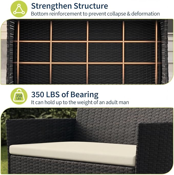 3 Piece Patio Furniture Set, Outdoor Deck Rattan Chair Wicker Combo Furniture, All Weather Dialogue Rattan Sofa With Upholstery and Glass Table for Garden, Backyard, Porch, Lawn, Pool, Black