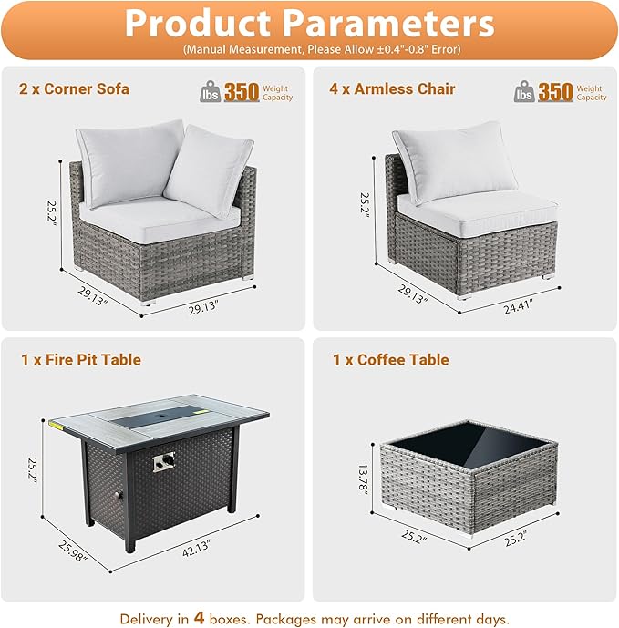 8 PCS Outdoor Patio Furniture Sets with 42'' Fire Pit Table,Wicker Weather Resistant Patio Conversation Set with Comfy Cushions,Modular L Shaped Sofa with Coffee Table for Yard,Light Grey