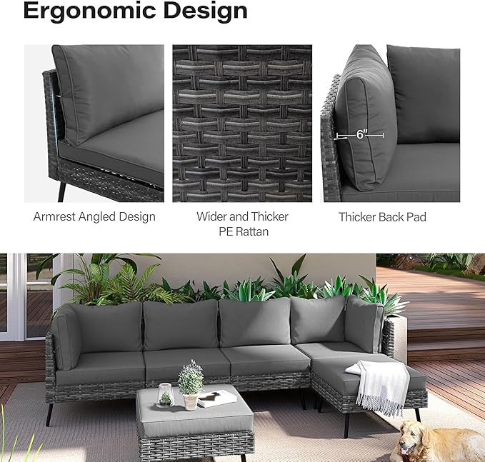 LAUSAINT HOME 6-Piece Patio Conversation Set, Modular Outdoor Sofa with Thick Cushions, All-Weather PE Rattan Sectional Seating for Garden, Backyard & Deck, Grey