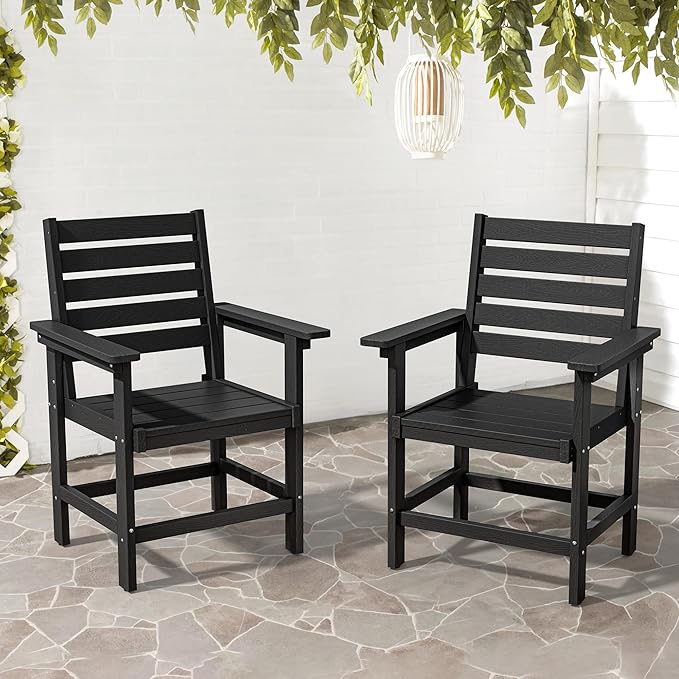 Patio Dining Chairs Set of 2, HDPE Weather Resistant Outdoor Chairs with Armrest, Heavy Duty 300LBS Support Patio Chairs for Backyard Deck Porch Balcony, Black