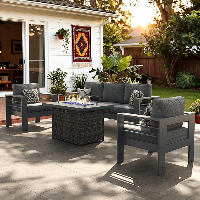 LayinSun Aluminum Furniture Set with Fire Pit Table, 4 Pieces Patio Sectional Conversation Chat Sofa Modern Seating Set