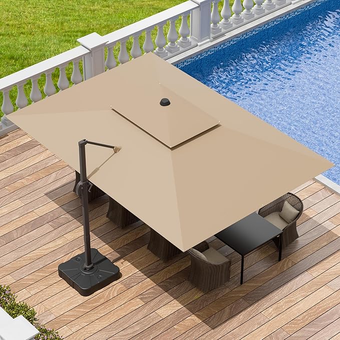9x12 FT Patio Umbrella with base, Large Cantilever Rectangular Double Top Heavy Duty Offset Umbrellas with 360° Rotation, Outdoor shade for Garden Deck Pool, Tan