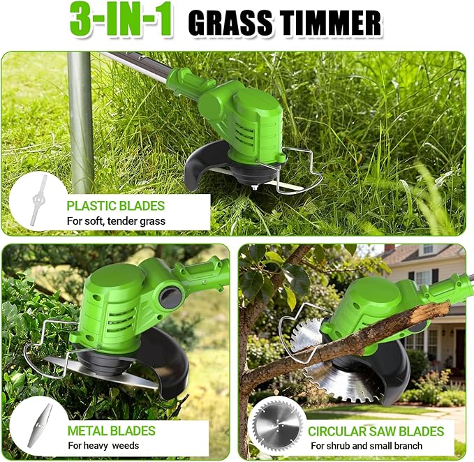 21V Electric Weed Wacker Cordless, 3 in 1 Weed Eater Battery Powered with Charger, Adjustable Height & Angle, Lightweight String Trimmer/Brush Cutter/Weed Trimmer for Lawn Garden Yard (Green)