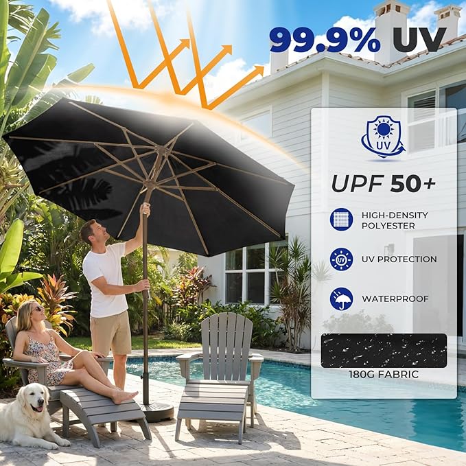 BRIOPAWS 9FT Patio Umbrella with Base Included | Outdoor Table Umbrellas | Push Button Tilt & Crank | 8 Sturdy Fiberglass Ribs | Waterproof | Heavy Duty for Garden Lawn DeckBackyard & Pool