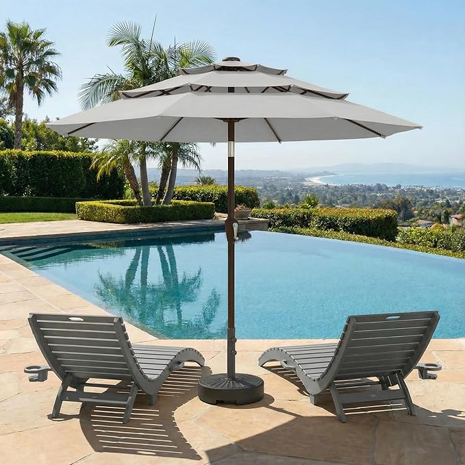 10ft Patio Umbrella, 3 Tier Outdoor Market Table Umbrellas with 8 Fiberglass Ribs and Push Button Tilt, Windproof, Vented Canopy, UV Protection for Deck, Pool, Backyard