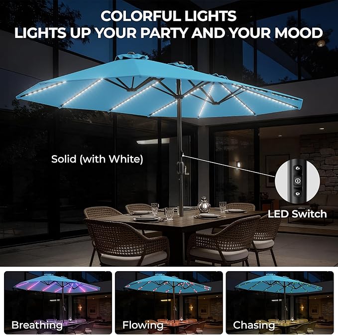 HOMSHADE Double Sided Patio Umbrellas with Base - 15ft RGB Multi-Color Flowing LED Lights Outdoor Extra Large Market Table Umbrella w/Stand, Oversized Umbrella for Deck, Pool, Backyard,Light Blue
