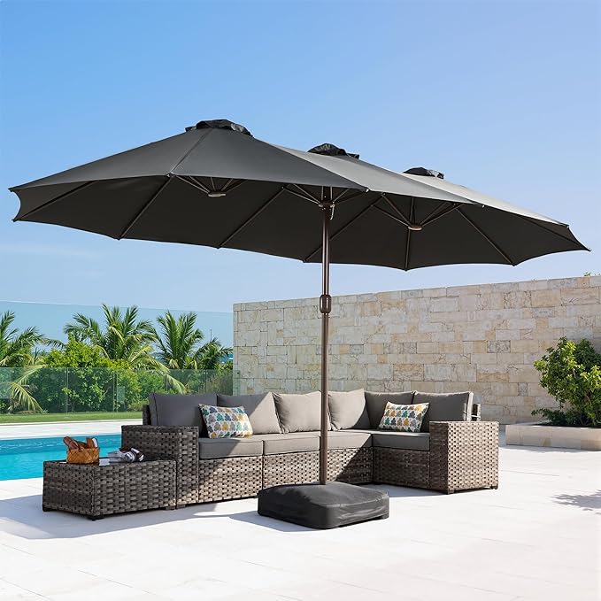 15Ft Patio Umbrella - Large Beach Umbrella W 12 Sturdy Ribs,UPF50 Outdoor Table Umbrella,Picnic Market Umbrella W Base Crank Handle for Pool,Yard,Garden