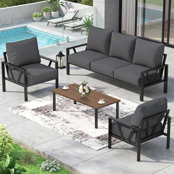 Outdoor Patio Furniture Set, 4 Pieces Metal Patio Furniture Set with Coffee Table, Modern Outdoor Patio Conversation Seating Set with 6” Thick Cushions, Dark Grey