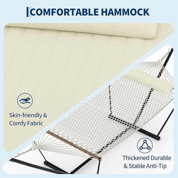 Double Hammock with Stand Curved-Bar Hammock, 450LBS Capacity, 2 Person Large Hammock, Indoor and Outdoor Hammock, Perfect for Backyard Patio Beach