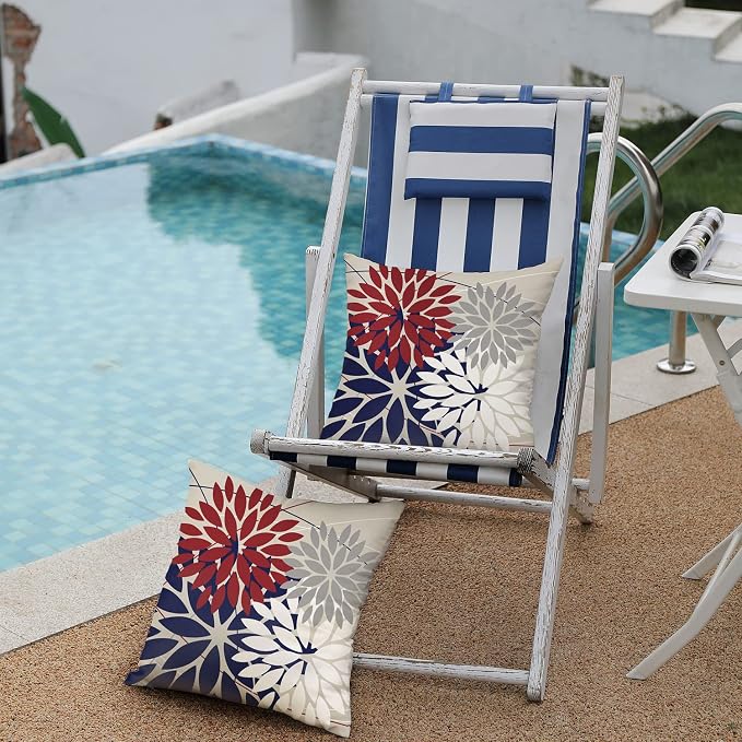 DFXSZ Pack of 2 Outdoor Waterproof Throw Pillow Covers 16x16 Red Blue | Polyester Spring Summer 4TH Of July Floral Decorative Cushion Cases(NO INSERT),For Couch Patio Funiture Garden Home Decor