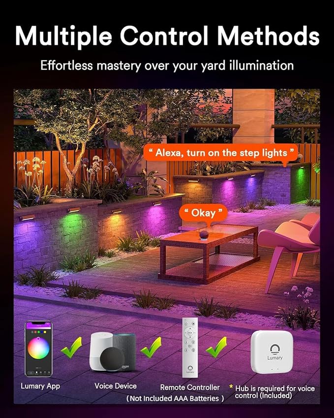 Lumary 8 Pack 12-24V Low Voltage Retaining Wall Lights with Hub, 7 Inch Smart LED Hardscape Paver Lighting, 2200K-6500K RGBCW Color Changing Outdoor Landscape for Step, APP/Remote/Voice Control, Brown