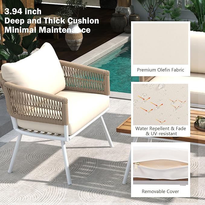GOWE 4-Piece Boho Rope Patio Furniture Set, Outdoor Furniture with Acacia Wood Table, Patio Conversation Set with Deep Seating & Thick Cushion for Backyard Porch Balcony, Beige