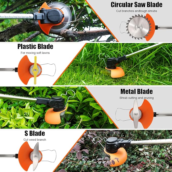 Electric Weed Wacker Cordless with Wheels, 2pcs Batteries&4 Types Blades,Lightweight, Low Noise Weed Trimmer 21V stringless Weed Wacker, Grass Trimmer/Brush Cutter/Edger, for Thick Weeds&Yard Garden