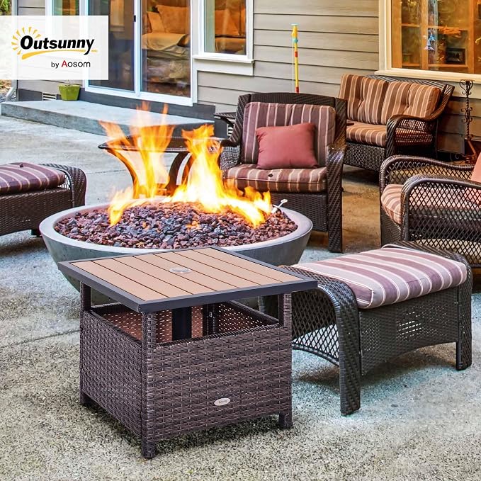 Outsunny 22" Outdoor Side Table with Umbrella Hole, Rattan Wicker End Table with Sand Bag and Steel Frame for Patio, Garden, Backyard, Brown & Light Yellow