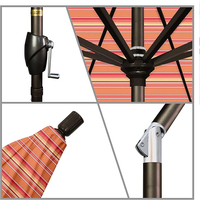 California Umbrella 7.5' Round Aluminum Market Umbrella, Crank Lift, Push Button Tilt, Bronze Pole, Sunbrella Dolce Mango