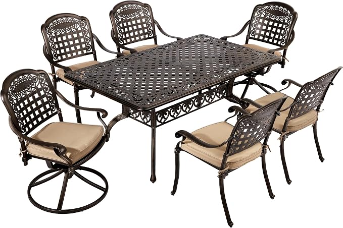 TITIMO 7-Piece Cast Aluminum Patio Dining Set, Outdoor Dining Furniture Patio Conversation Set, Rectangular Table w/Umbrella Hole for Backyard Deck (Khaki-Fixed Grid Chair+Swivel Grid Chair, 7 Pcs)