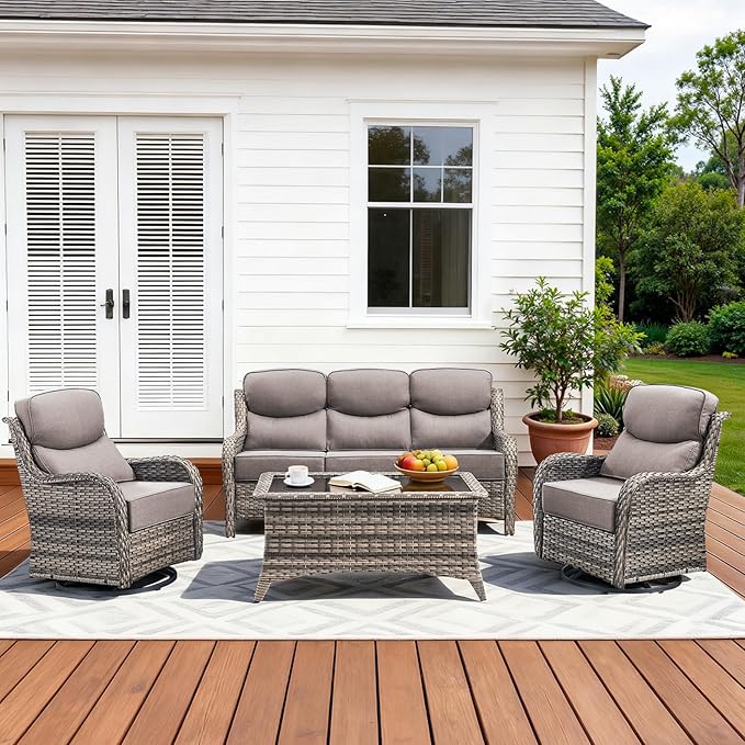 Luxury High Back Patio Furniture Set with 6-Inch Thick Cushions, 4-Pieces Outdoor Furniture with Swivel Chairs, Wicker Conversation Set for Porch, Balcony, Deck and Yard, Grey