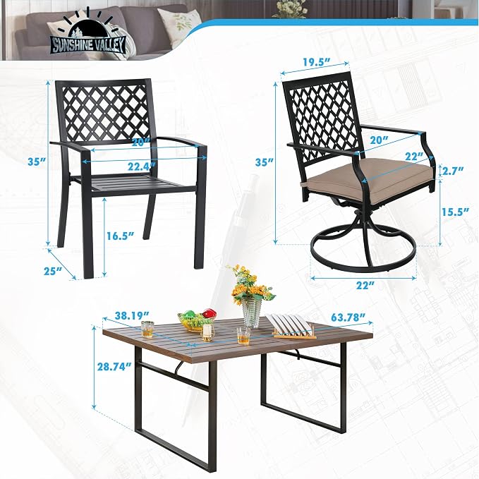SUNSHINE VALLEY Patio Dining Set,Wood-Like Metal Table w/Umbrella Hole | 60x36 Metal Table&6 Pcs Rust-Proof Stackable Chairs, Outdoor Table and Chairs Set for Backyard Garden Deck