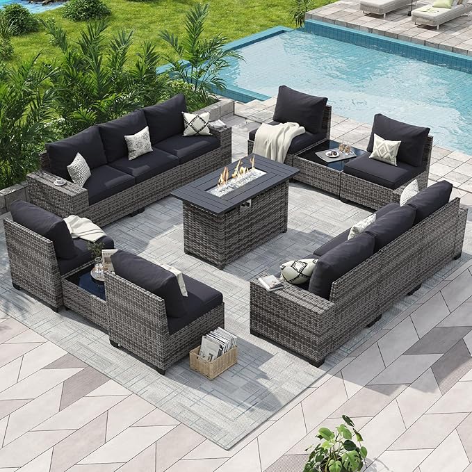Aoxun Patio Furniture Sets with 44'' Fire Pit, 13 Pcs Outdoor Patio Coversation Set with 4in Thicken Cushion, Widen Armrests Wicker Outdoor Sectional for Backyard (Waterproof Cover Include)