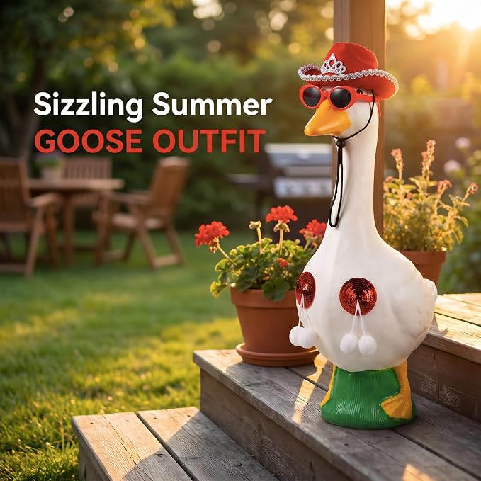Funny Porch Goose Summer Bikini, Sunglasses & Tassel Skirt - Fits 17'' and 24'' Lawn Geese - Yard Decoration (Round Fringe)
