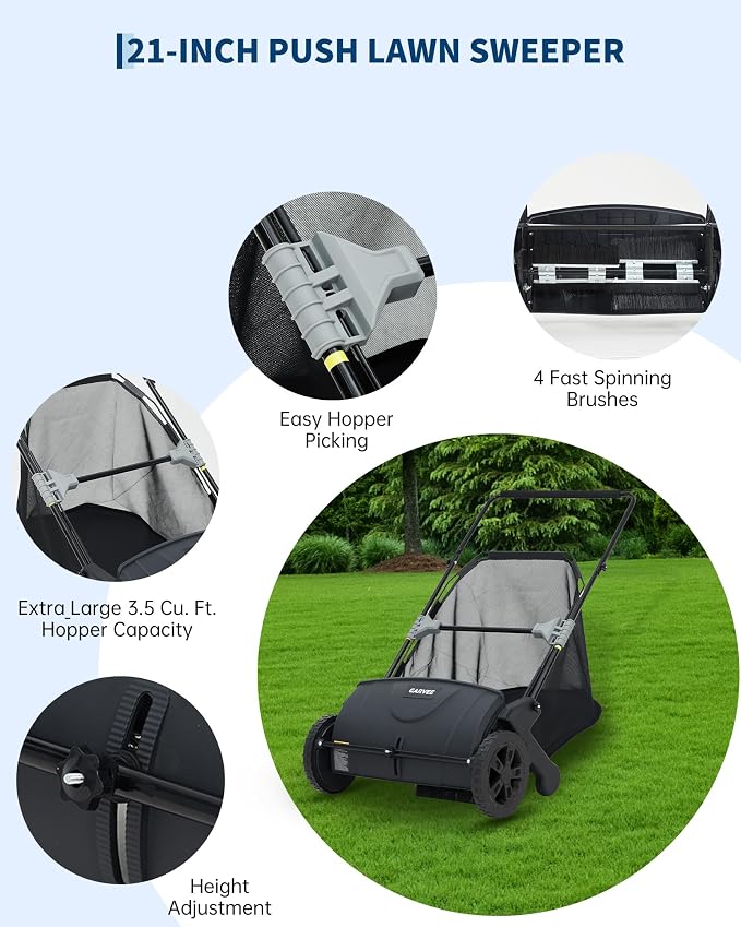 Garvee 21-Inch Push Lawn Sweeper, 3.5 Cu. Ft. Hopper Leaf & Grass Collector, 4 Spinning Brushes, Adjustable Brush Height, Manual Yard Sweeper for Grass Clippings, Leaves & Light Debris, Black