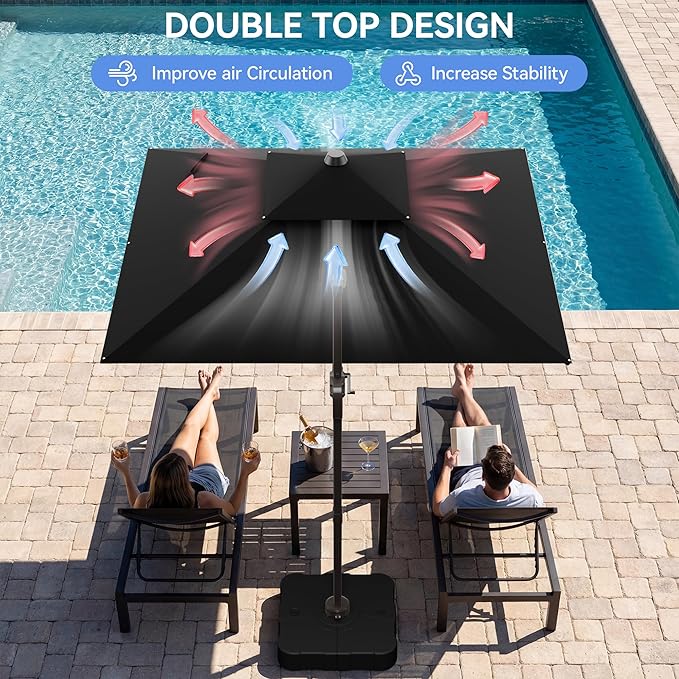 10x10FT Black Cantilever Outdoor Patio Umbrella with Base, Large Square Offset Design, Double Top Heavy Duty Aluminum Frame & 360° Rotation for Pool Garden Deck Backyard