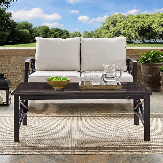HomeStock Island Oasis Outdoor Metal Coffee Table with Slatted Top,Powder-Coated,Sturdy Weather-Proof Steel,Hand-Painted,Durable - 23.5" D x 39.25" W x 13.75" H Oiled Bronze Finish
