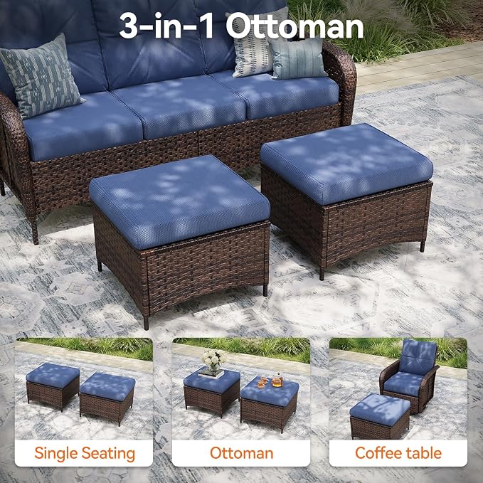 Aoxun 10-Piece Patio Furniture Set with 44'' Fire Pit Table, Luxury Outdoor Patio Furniture Set with 360° Swivel Chairs, Patio Conversation Set for Backyard, Poolside & Garden, Brown/Navy Blue