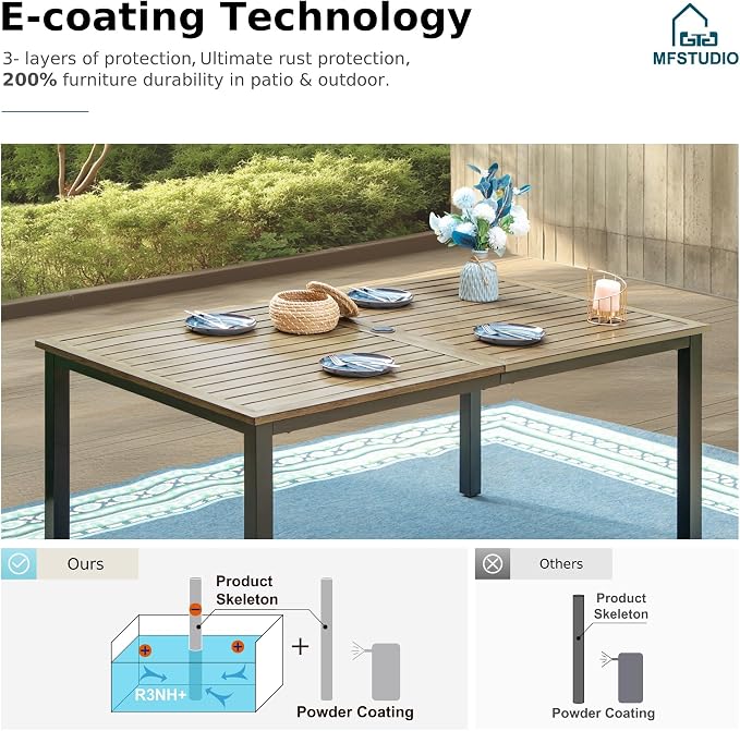 MFSTUDIO Patio Dining Set for 6, Outdoor Rectangular Wood-Like Table with Chairs, 7 Piece Outdoor Rattan Dining Furniture Set, Patio Table and Chairs for 6