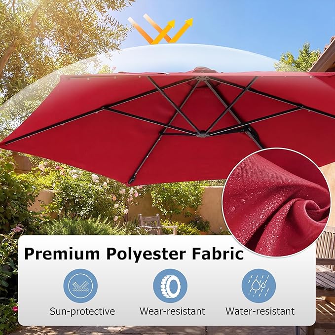 Tangkula 10ft Patio Umbrella with Solar Lights, Offset Cantilever Outdoor Umbrella with LED Lights, 360 Degree Rotation, Air Vent for Pool Deck Garden Backyard (Wine)