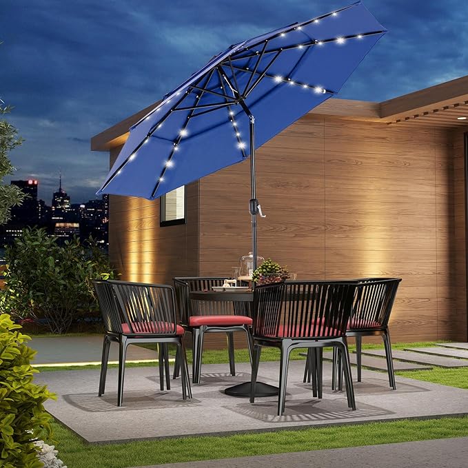 DUMOS 10FT 3 Tier Patio Umbrella with 32 LED Lights, Outdoor Patio Umbrella with Crank, Table Umbrellas 8 Sturdy Ribs for Pool, Market, Terrace, Beach, Outdoor Restaurant, Blue