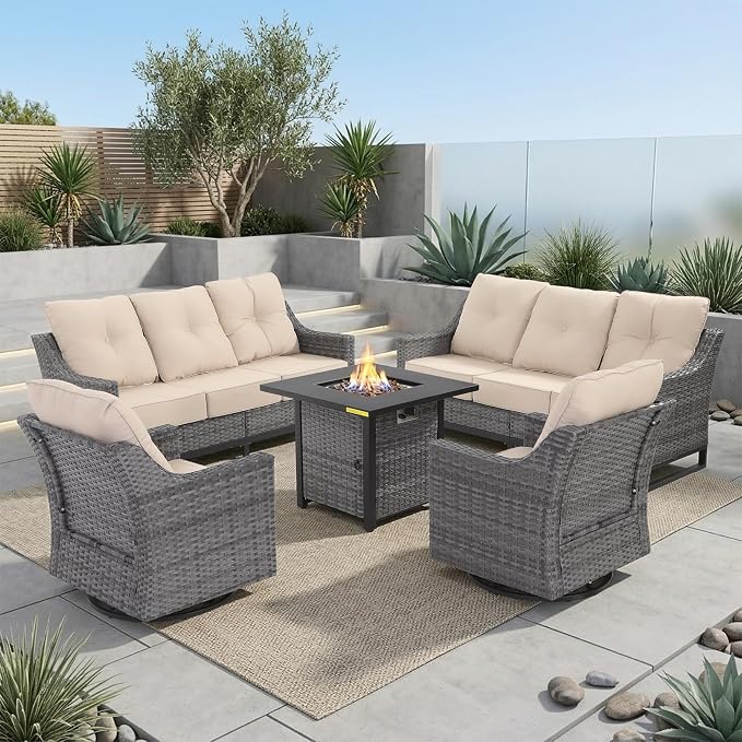 5 Piece Patio Furniture Set with Fire Pit, Grey Wicker Outdoor Conversation Set with 2 Swivel Rocker Chairs, 2 Sofas and Square 60,000 BTU Fire Pit Table, Beige Covers for Porch, Deck