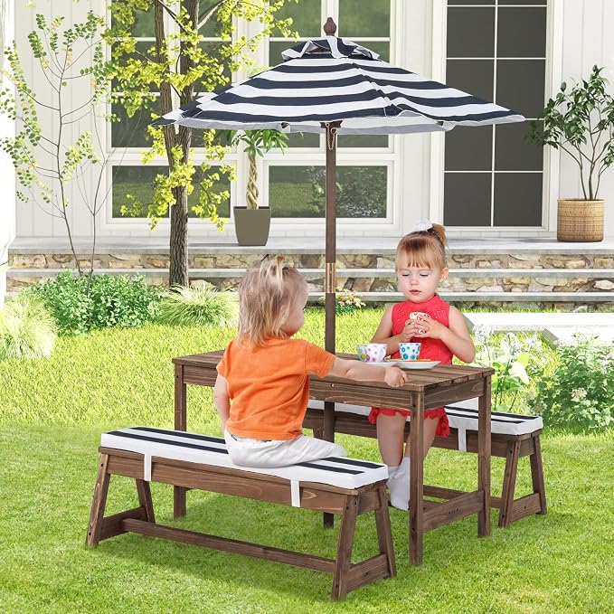 KOTEK Kids Picnic Table with Umbrella Foldable, Backyard Wooden Table & Bench Set w/Removable Cushions, Activity Art Play Table, Indoor Outdoor Toddler Picnic Table for Patio, Lawn & Garden (Blue)