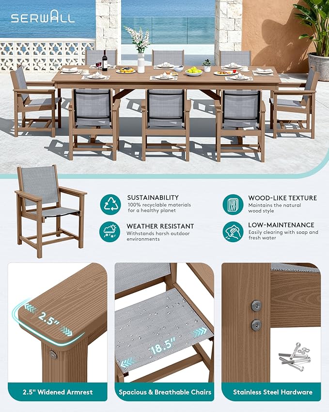 SERWALL 9 Piece Outdoor Dining Set, 84" HDPE Outdoor Large Table and Textilene Sling Chairs for 8，All Weather Patio Dining Furniture Set with Umbrella Hole for Backyard, Garden, Brown