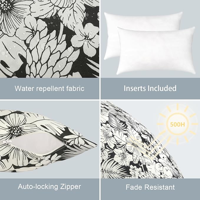 LVTXIII Outdoor/Indoor Lumbar Pillows, Decorative Patio Lumbar Cushions, Fluffy Fade Resistant Throw Pillow Cushions for Home Patio Coach Sofa, 12×20 Inch, Pack of 2, Tropical Blossom Noir