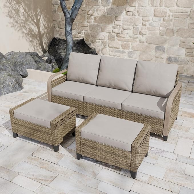 COOS BAY Modern Wicker Outdoor Furniture Set, 3 Piece Patio Conversation Set with a 3 Seat Couch and 2 Ottomans, 3 Piece, Brown/Gray