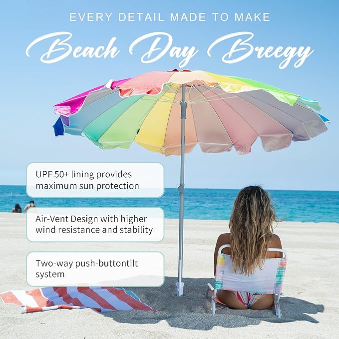 AMMSUN 7.5ft Large Heavy Duty HIGH Wind Beach Umbrella with sand anchor & Tilt Sun Shelter, UPF 50+ Protection Outdoor Umbrellas Sunshade with Carry Bag for Patio Garden Pool Backyard Rainbow