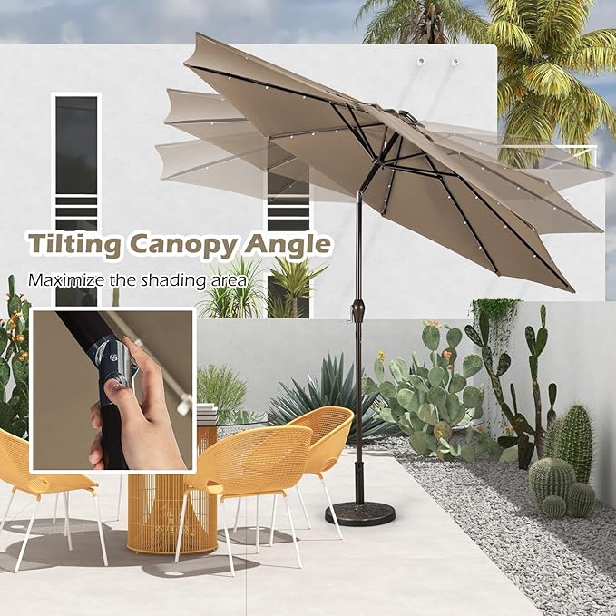Giantex 9ft/10ft Outdoor Patio umbrella with Solar Lights, Table Market Umbrella with Crank and Push-button Tilt System, Solar LED Lighted Patio Umbrella for Backyard Deck Pool Beach