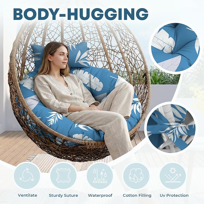 Outdoor Round Egg Chair Cushion Replacement, Waterproof 45" L x 45" W Thicken Hanging Swing Egg Chair Cushions with Headrest Pillow, Soft Wicker Basket Eggs Chairs Pad for Garden Offices (Blue Leaf)